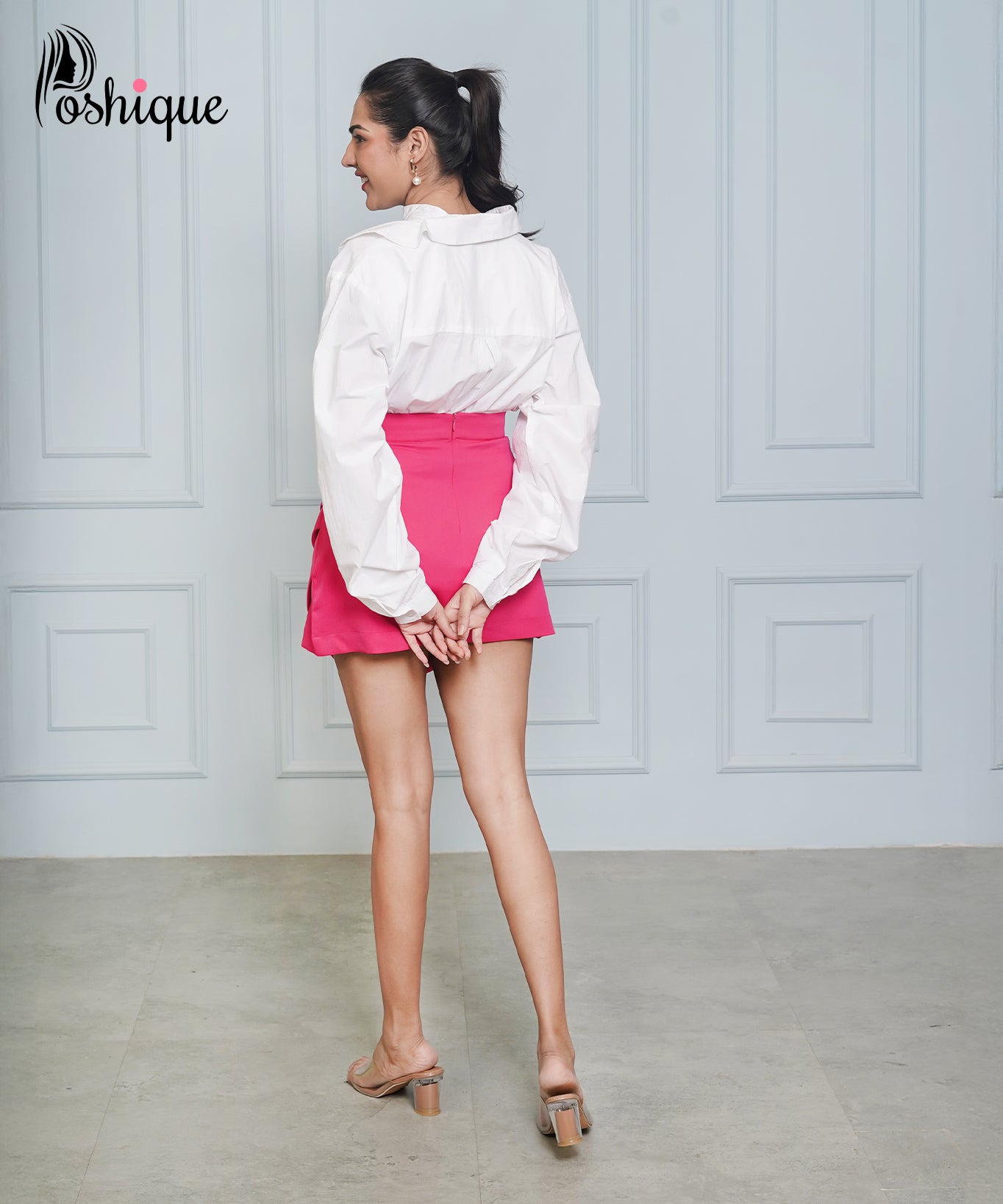 Poshique Classic White Shirt & Bold Pink Draped Skirt Set